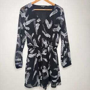 Express Women Romper Long Sleeve Small Black Feather Print Sheer Wrap Boho Chic